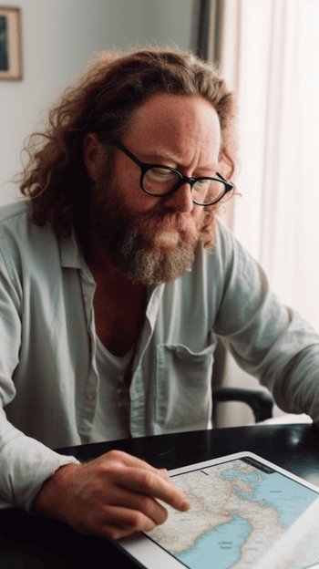 A white man browsing a travel booking website on his laptop, comparing prices and deals for flights and accommodations.