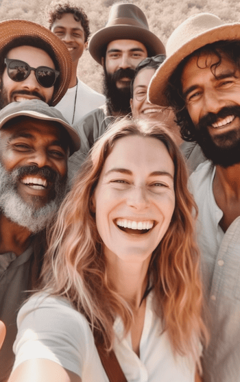 A group of diverse people, including a white woman, sharing their positive travel experiences and reviews on a social media platform, with smiles and thumbs up.